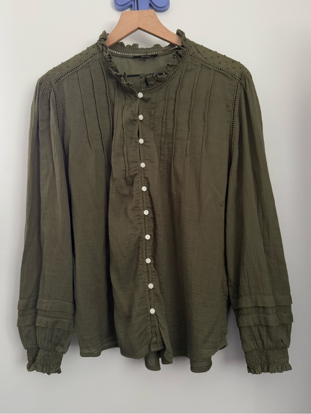 Quince XL Organic Textured Cotton Peasant Blouse Caper Olive Green Office Relax